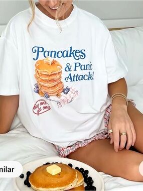 NWT White "Pancakes & Panic Attacks" Short Sleeve Tee